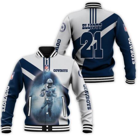 Dallas Cowboys Ezekiel Elliott 21 Dark Blue Jersey Style 3D Allover Designed Gift For Cowboys Fans Elliott Fans Baseball Jacket