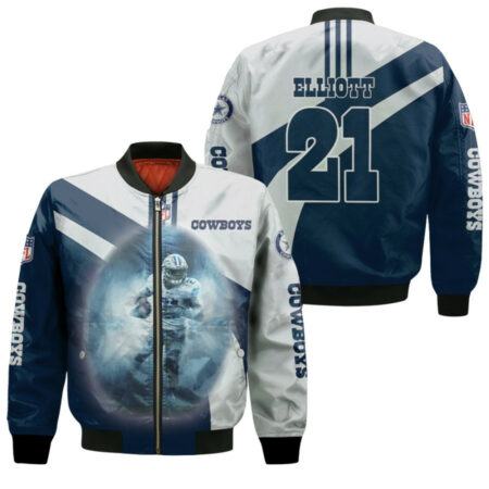 Dallas Cowboys Ezekiel Elliott 21 Dark Blue Jersey Style 3D Allover Designed Gift For Cowboys Fans Elliott Fans Bomber Jacket
