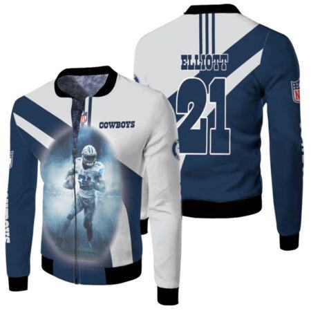 Dallas Cowboys Ezekiel Elliott 21 Dark Blue Jersey Style 3D Allover Designed Gift For Cowboys Fans Elliott Fans Fleece Bomber Jacket