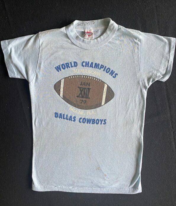 70s Curious Weird Double Sided T Shirt Paper Thin Light Blue ’79 World Champion Super Bowl Dallas Cowboys Graphic and Susan Anton Iron On!