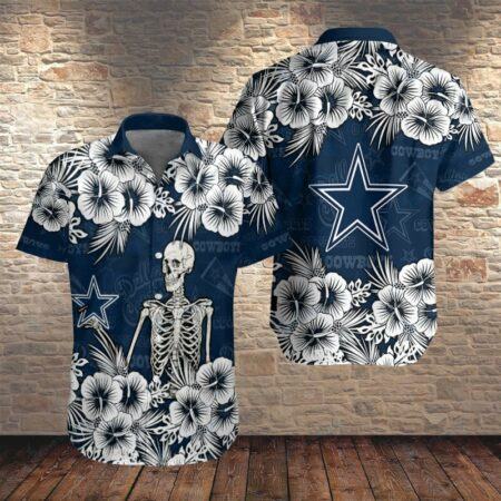 Dallas Cowboys Hawaiian Shirt Gift For Fans, Dallas Cowboys Skeleton and Flower 3D Hawaiian Shirt
