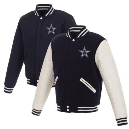 Dallas Cowboys JH Design Reversible Fleece Jacket with Faux Leather Sleeves - NavyWhite